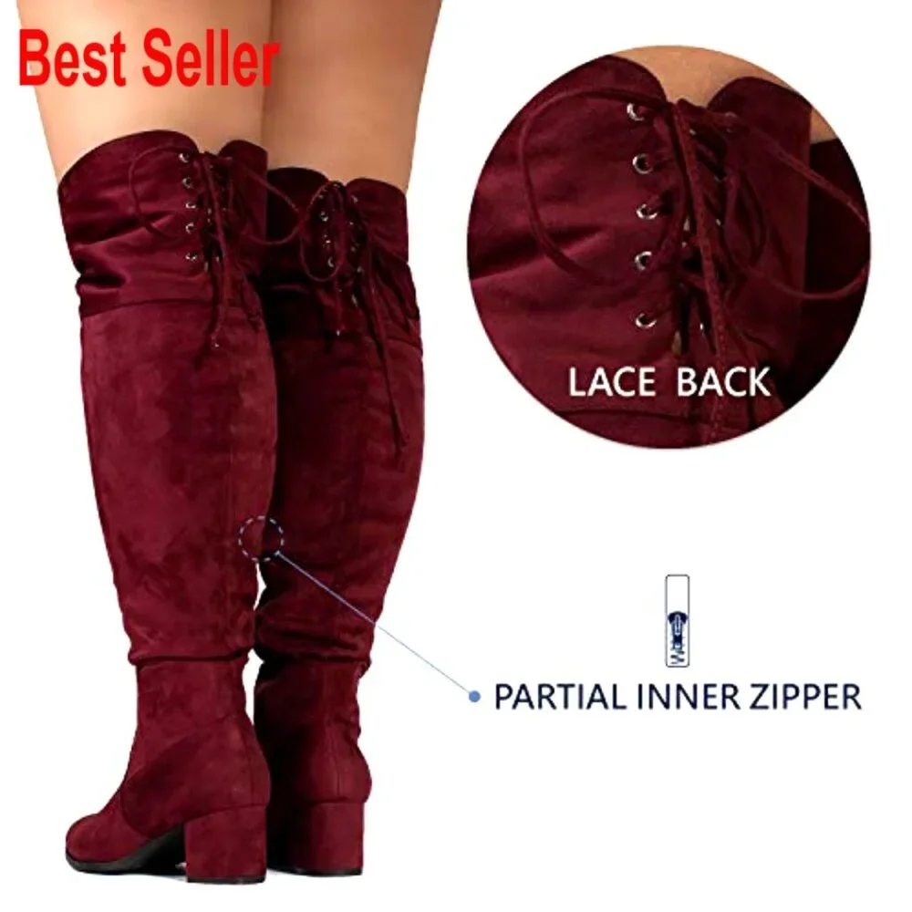 Wide Calf Over The Knee Boots with Block Heel and Memory Foam Insole